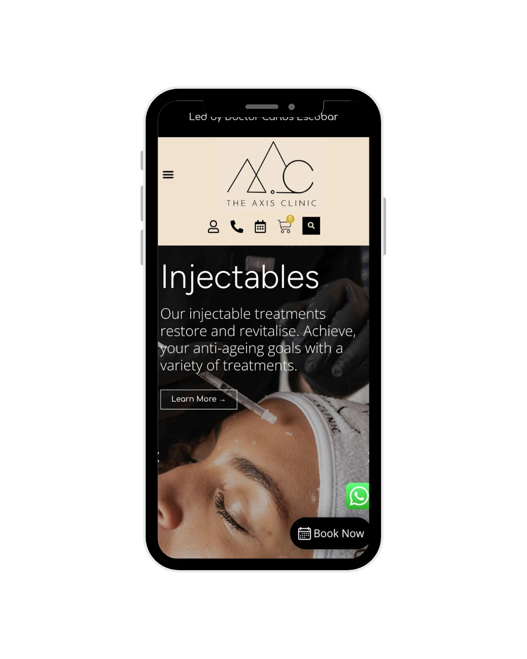 Mobile view of Axis Clinic website injectables page with booking option.