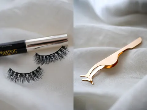 Magnetic eyelashes and gold applicator tool photographed by Marketing Valley for Dollbaby London.