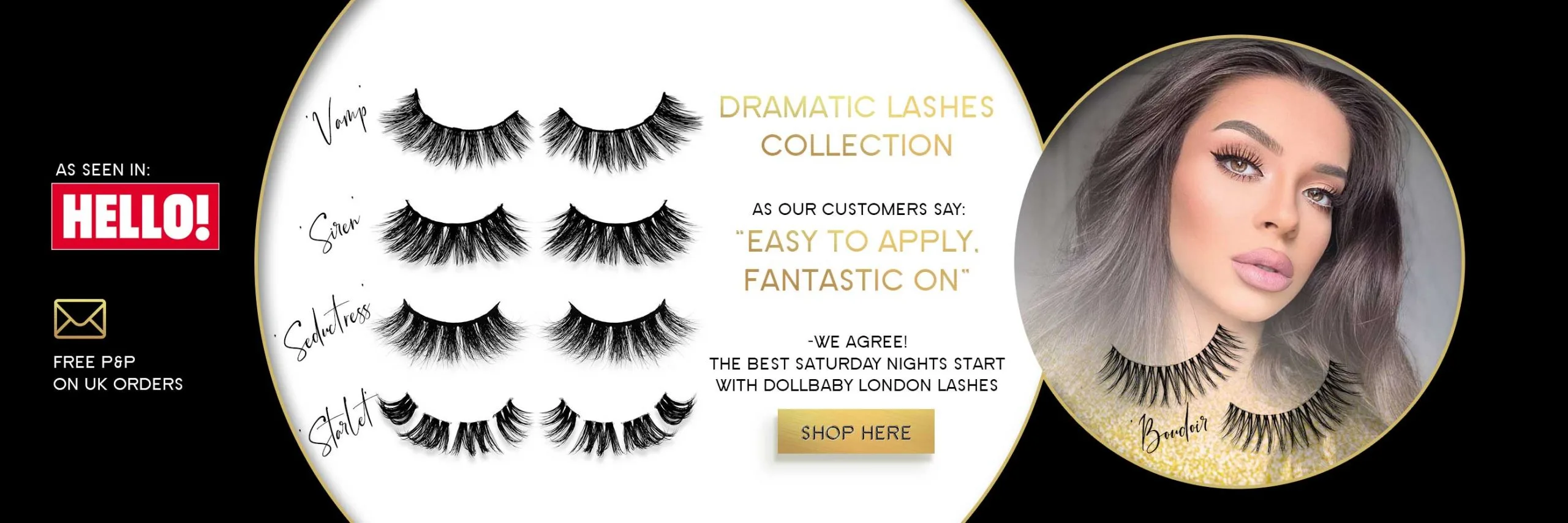 Dollbaby London Dramatic Lashes Collection including Vamp, Siren, Seductress, Starlet and Boudoir styles, featured in Hello! Magazine.