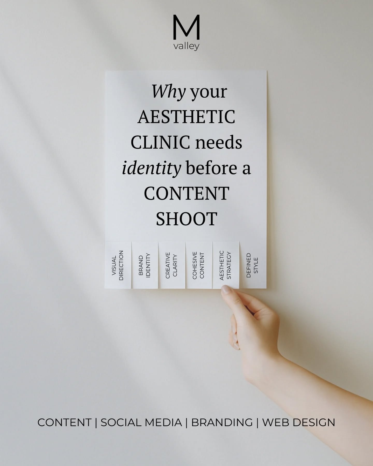 Ready to invest in a content shoot for your aesthetic clinic? We would only take you as a client if your clinic has a defined brand identity. Here is why 👇

A content shoot can only create real impact when you have a strong brand identity. Without it, we basically have no visual guide on how to conduct the shoot. The identity is what tells us how your clinic should look and feel on camera. 

Here's what you should have before booking a content shoot session:
• a defined colour palette
• a clear visual style
• consistent typography
• a recognisable atmosphere or mood
• an understanding of how you want your clinic to be perceived
• a cohesive verbal style that supports your visual presence

All these details will help us plan a shoot that achieves your goal and is aligned and true to your clinic. They guide the mood board, the shot list, the styling and the overall feeling of the content, so every image & video supports the presence you want to build.

If your clinic is preparing for a rebrand or planning a new aesthetic clinic content shoot, get in touch with us 🎥

MV team x
.
#aestheticclinic #aestheticclinicuk #aestheticbranding #clinicbranding #aestheticclinicmarketing