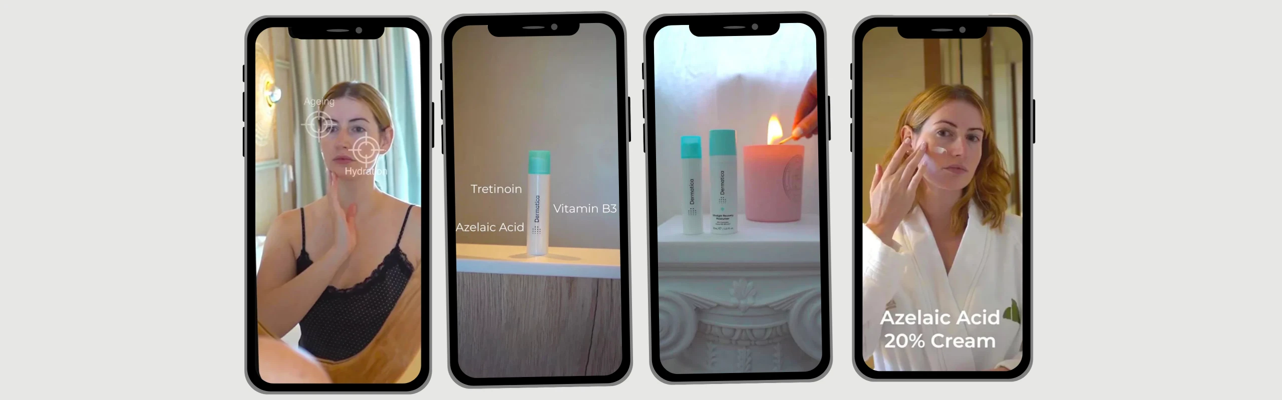 Dermatica skincare content creation banner featuring Azelaic Acid and Vitamin B3 product photography and application scenes for portfolio