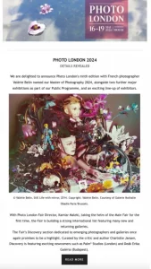 Photo London 2024 newsletter banner with event details and featured photography.