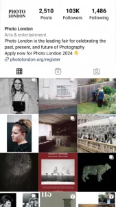 Photo London Instagram feed showcasing photography content and fair updates.