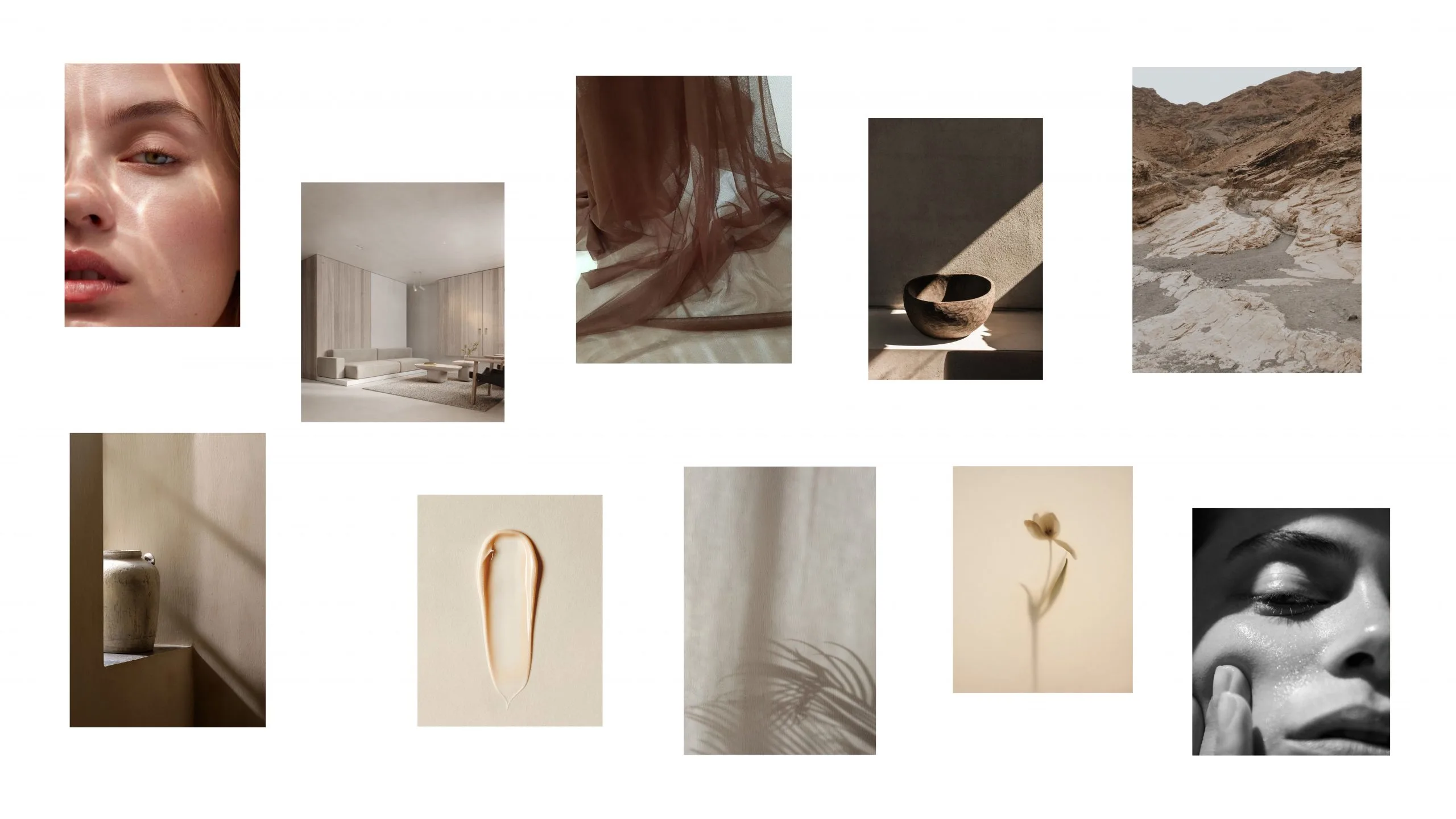 Mashè Beauty branding moodboard with natural textures, interiors, and minimalist lifestyle imagery