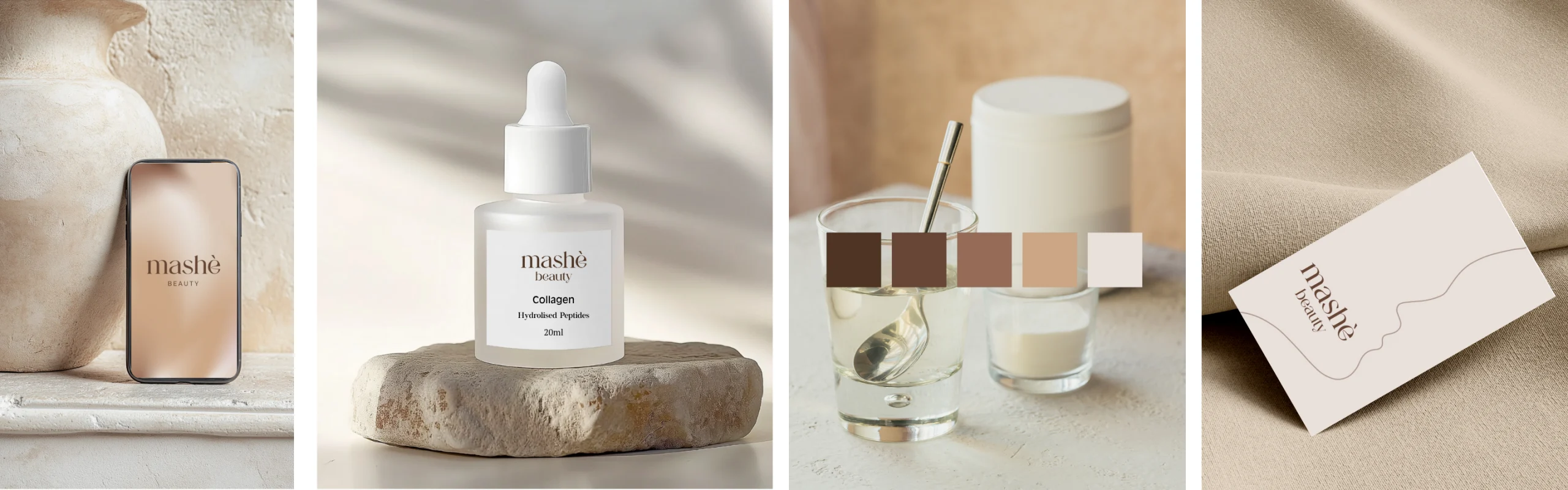 Mashè Beauty branding portfolio showcasing logo, packaging, product photography, and colour palette design.