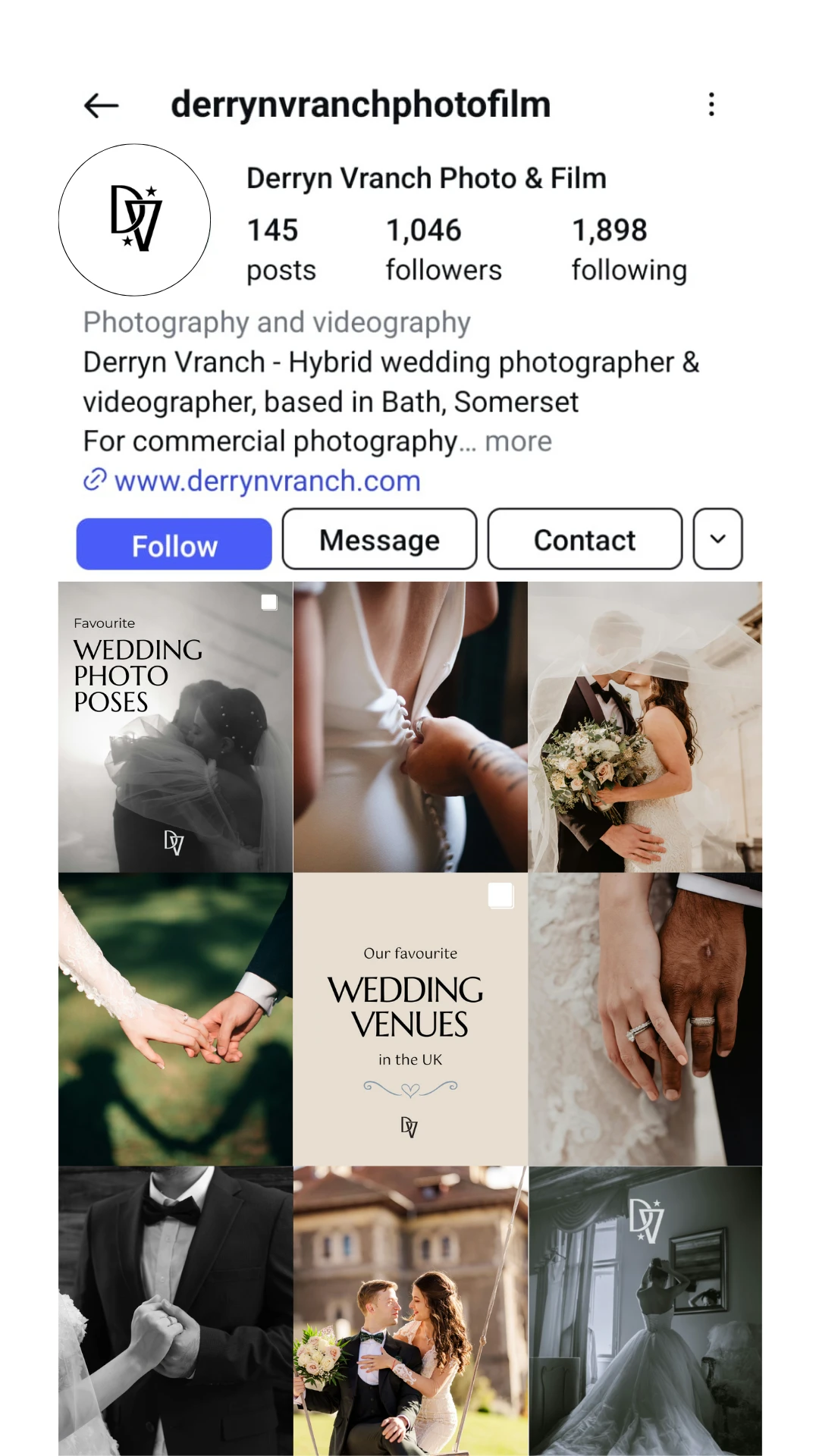 Instagram feed mockup for Derryn Vranch Photo and Film with cohesive branding and wedding photography.