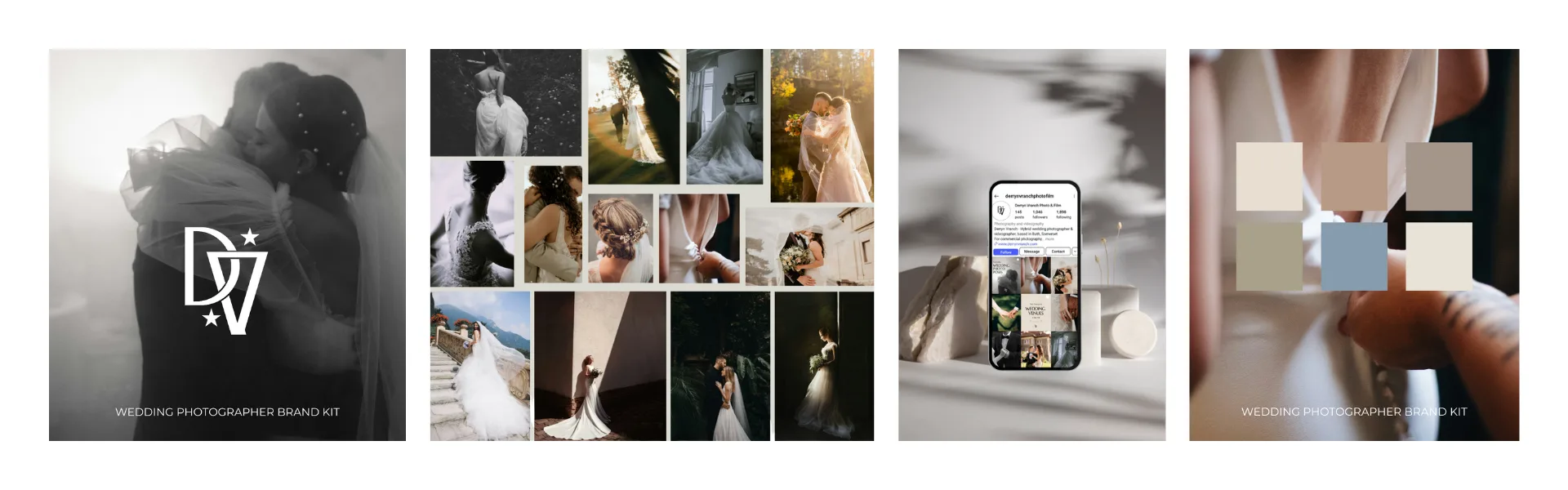 Wedding photographer brand kit for Derryn Vranch featuring logo, photography moodboard, Instagram feed, and colour palette.