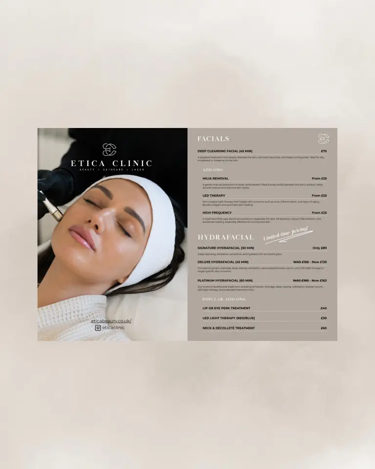 Marketing Valley portfolio project featuring Etica Clinic facial and HydraFacial price list design