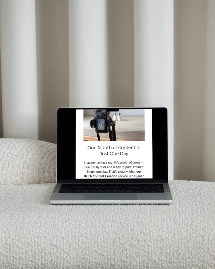 Laptop mockup displaying Marketing Valley’s Batch Content Creation newsletter promotion with the title “One Month of Content in Just One Day.”