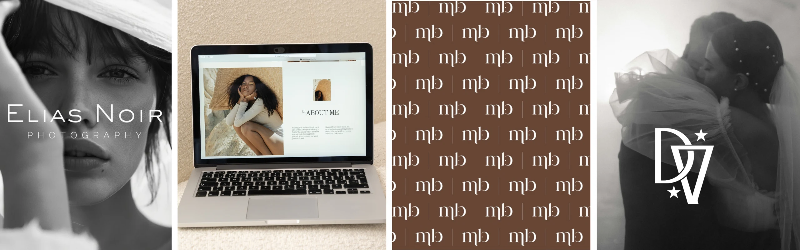 Portfolio showcase of Marketing Valley’s full brand identity projects including photography branding, website design, custom patterns, and logo design.