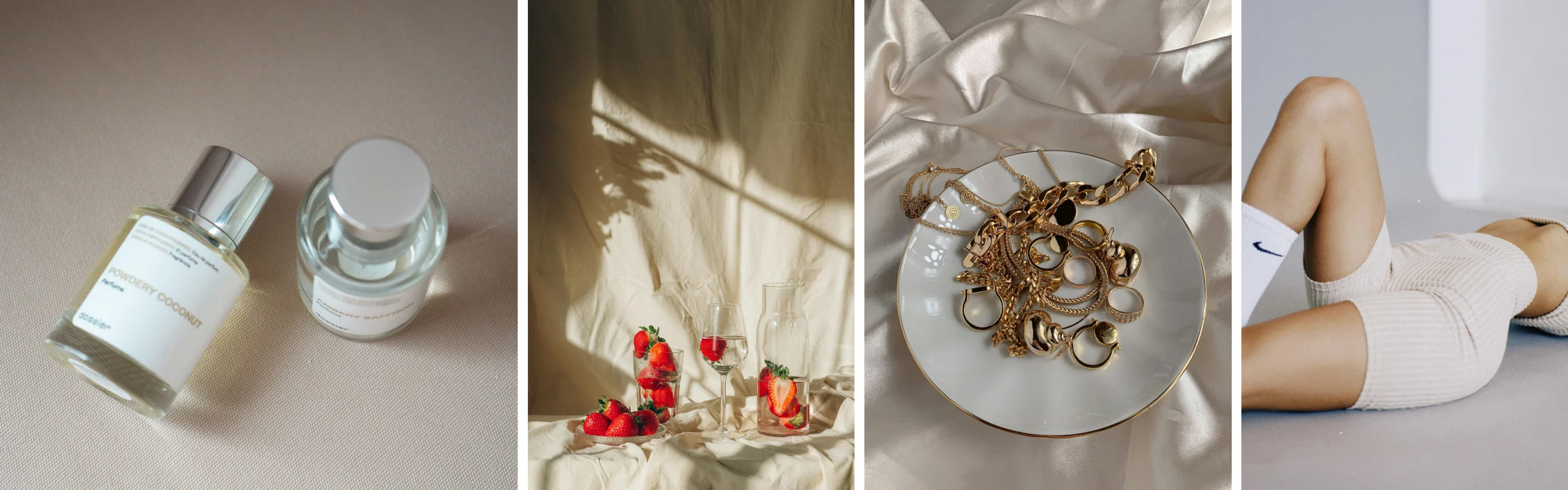 Content creation showcase featuring perfume photography, lifestyle strawberries and drinks, jewellery flatlay, and editorial fashion.