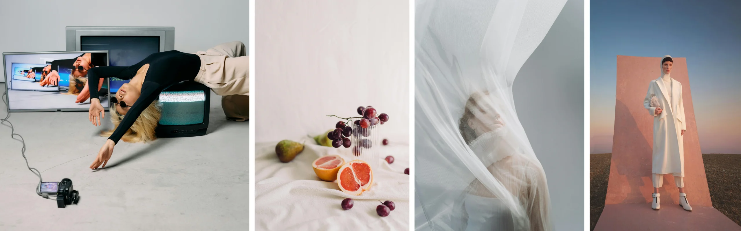 Creative content showcase featuring fashion editorials, still life photography, and artistic visuals, representing Marketing Valley’s Content Creation service.
