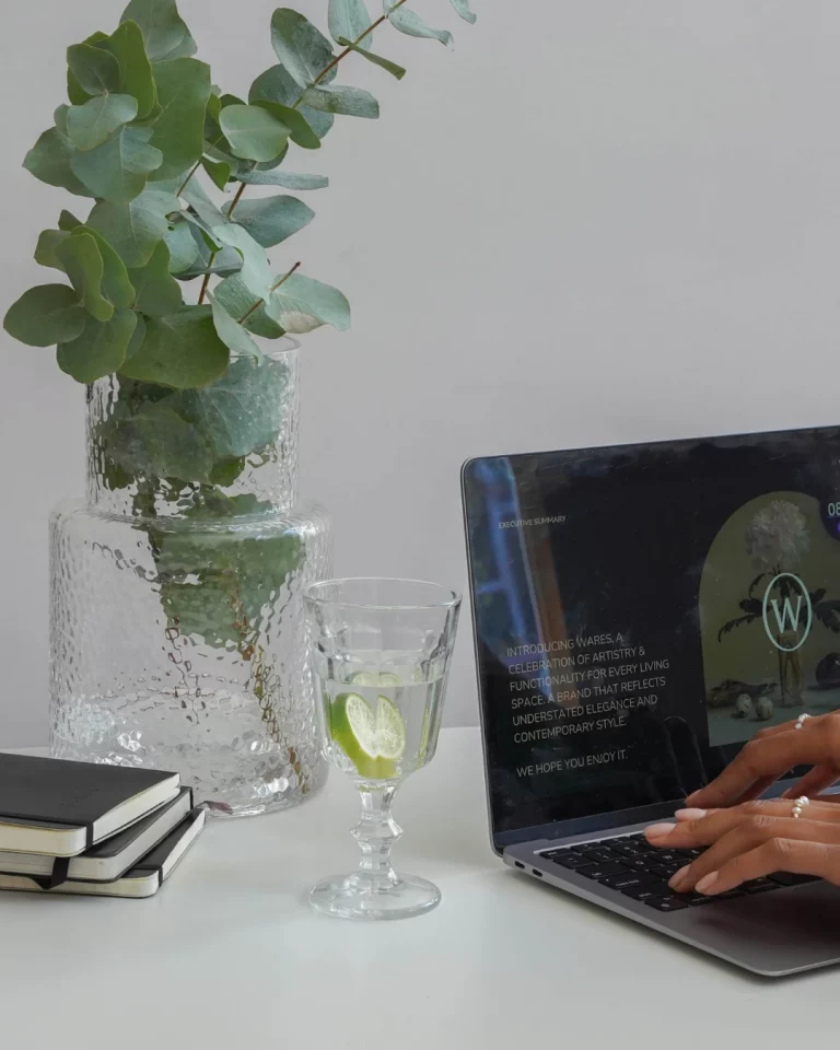 Hand working on laptop with email campaign presentation, vase with eucalyptus, and glass of lime water, representing Marketing Valley’s email marketing process.