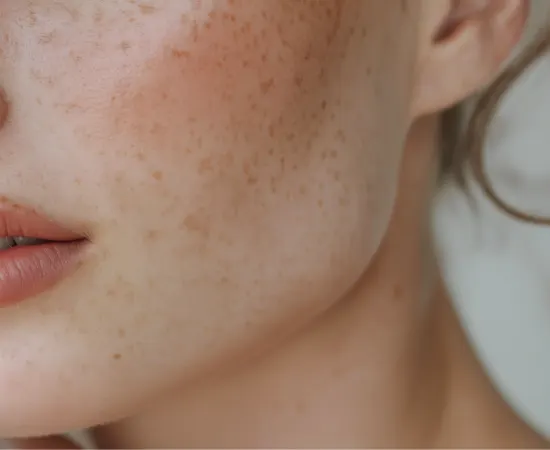 Close-up of natural skin texture and freckles, symbolising authenticity and detail in Marketing Valley’s Full Brand Identity service.