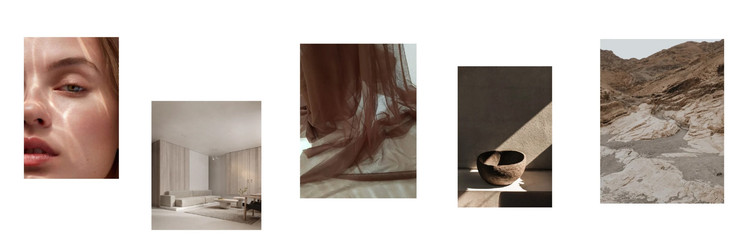 A curated moodboard with portraits, interiors, textures, and landscapes, representing Marketing Valley’s Mini Branding inspiration process.