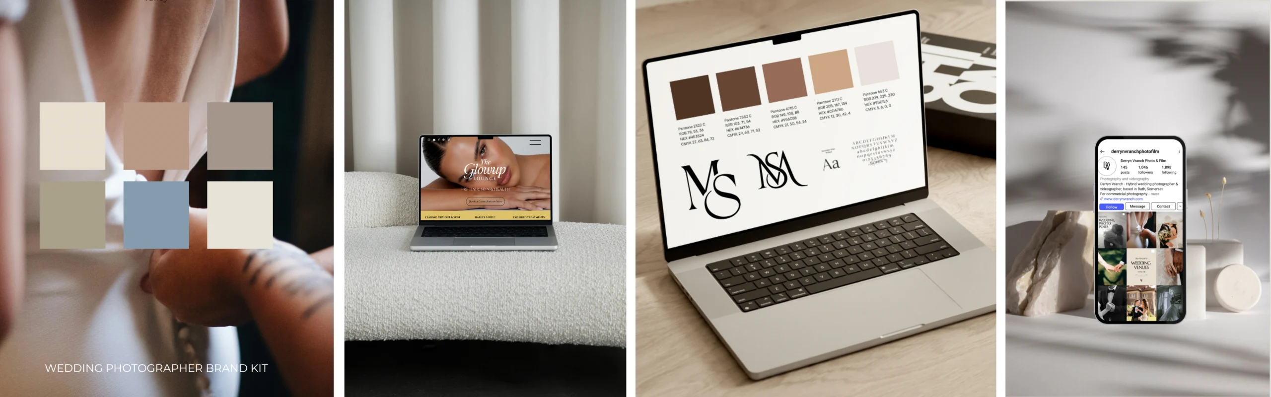 Marketing Valley Mini Branding service showcase including colour palettes, website design, typography, logo creation, and social media branding.