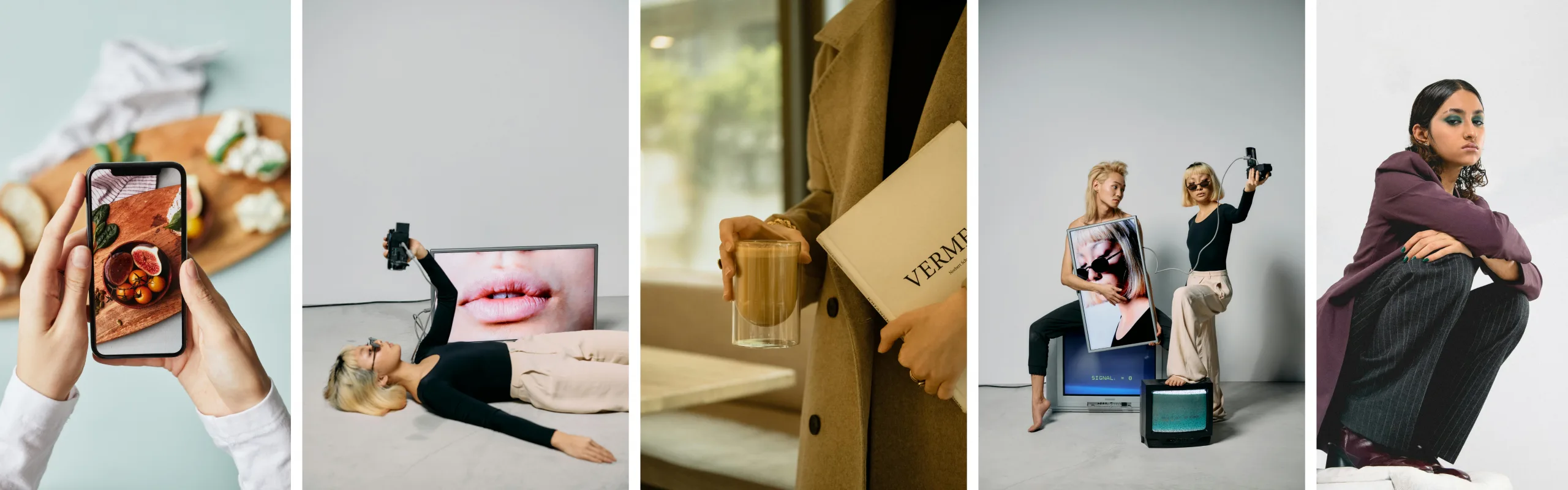 Creative social media visuals including food photography, lifestyle, fashion, and editorial content, representing Marketing Valley’s Social Media Management service.