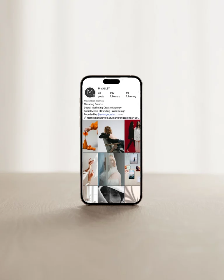 Instagram account preview on smartphone, representing Marketing Valley’s Social Media Management service.