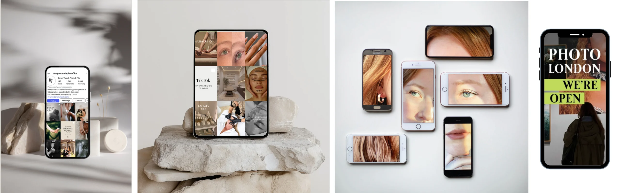 Social media management showcase with Instagram feeds, mobile content previews, and branded visuals by Marketing Valley.
