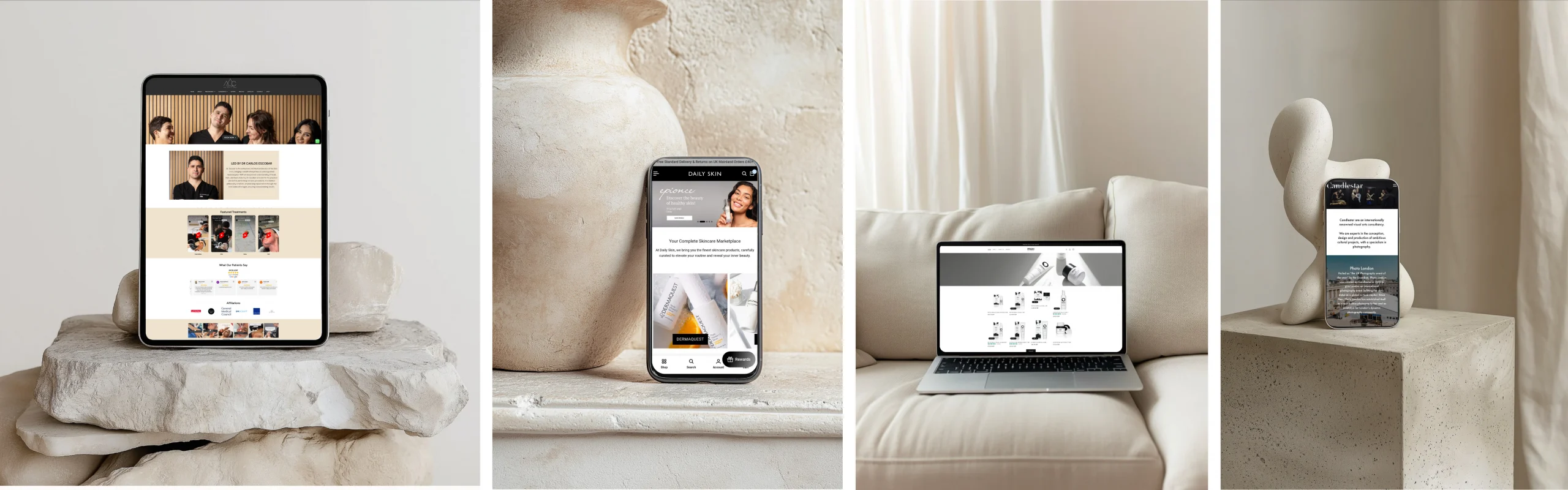 Web design showcase with client websites displayed on tablet, mobile, and laptop screens.