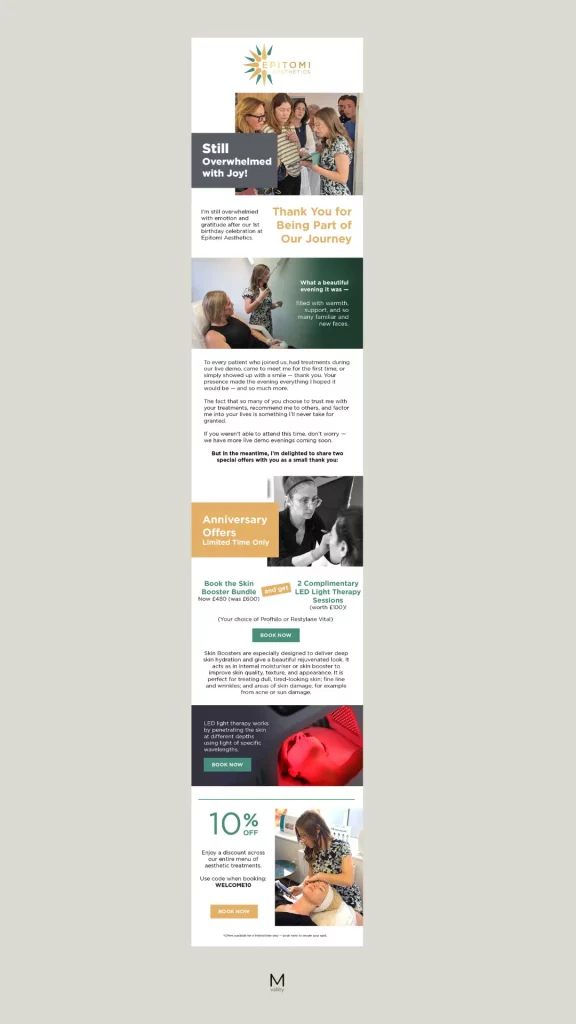 Full email marketing campaign for Epitomi Aesthetics 1st anniversary designed by Marketing Valley, featuring event highlights, promotions, and special discounts for subscribers
