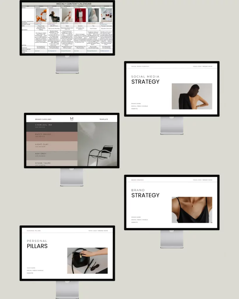 Marketing Valley Template Bundle showing Canva Brand Guidelines, Brand Strategy, Personal Pillar Guide, Social Media Strategy, and Weekly Content Calendar templates for social media planning and brand strategy