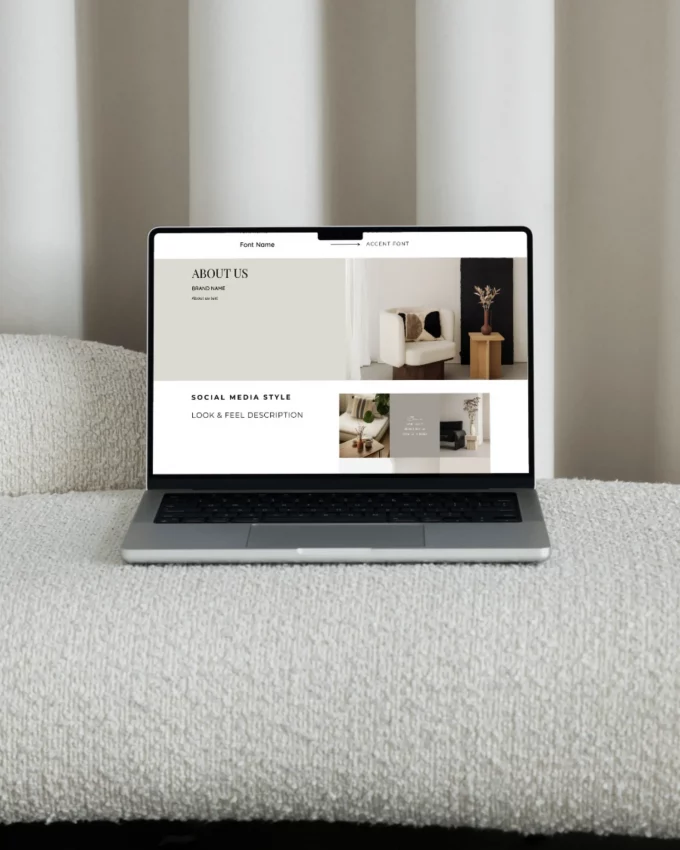 Laptop showing Canva Brand Guidelines Template with About Us and Social Media Style pages in a minimalist neutral design.