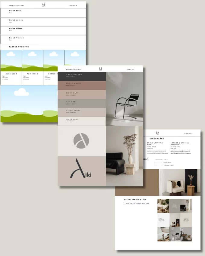 Preview of multiple Canva Brand Guidelines Template pages including colour palette, typography, and brand tone sections in a minimalist aesthetic.