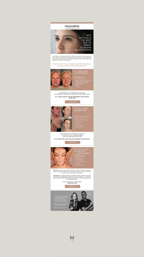 Rejuvena email marketing campaign full design showcasing autumn skin rejuvenation treatments
