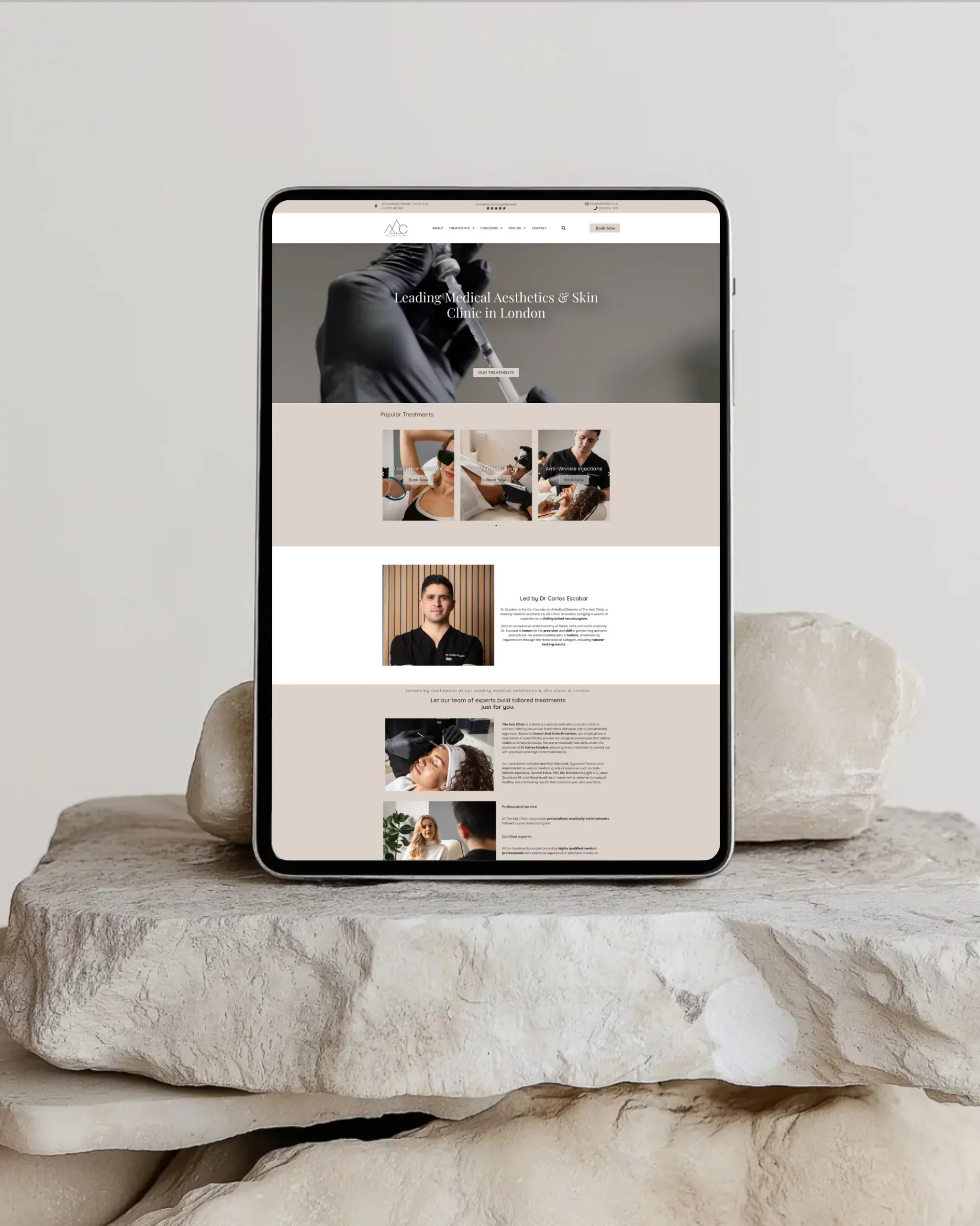 Treatment page design for Axis Clinic aesthetic clinic website showcasing service structure and patient information