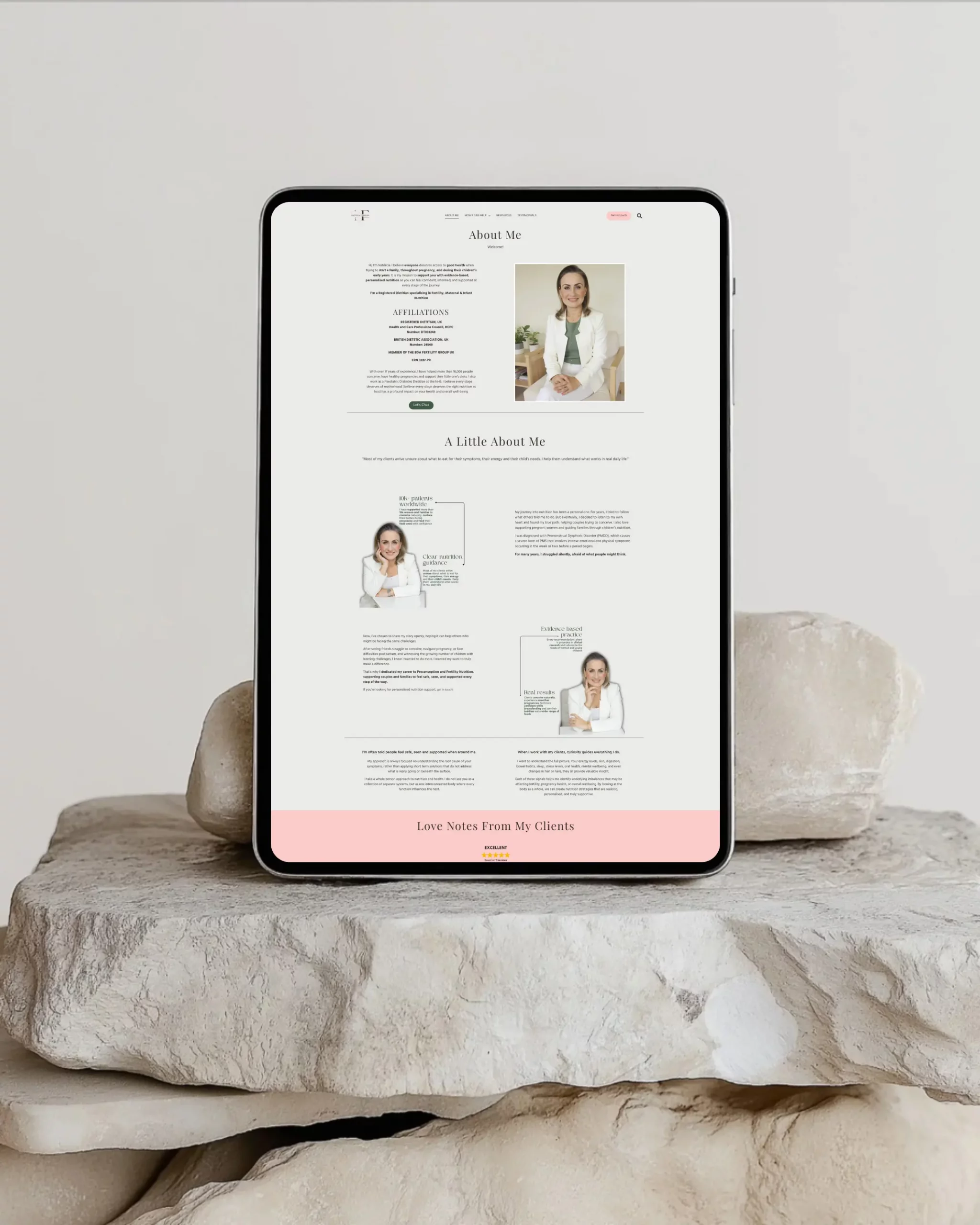 About page website design for Natercia Dietitian showing personal brand storytelling and nutrition services