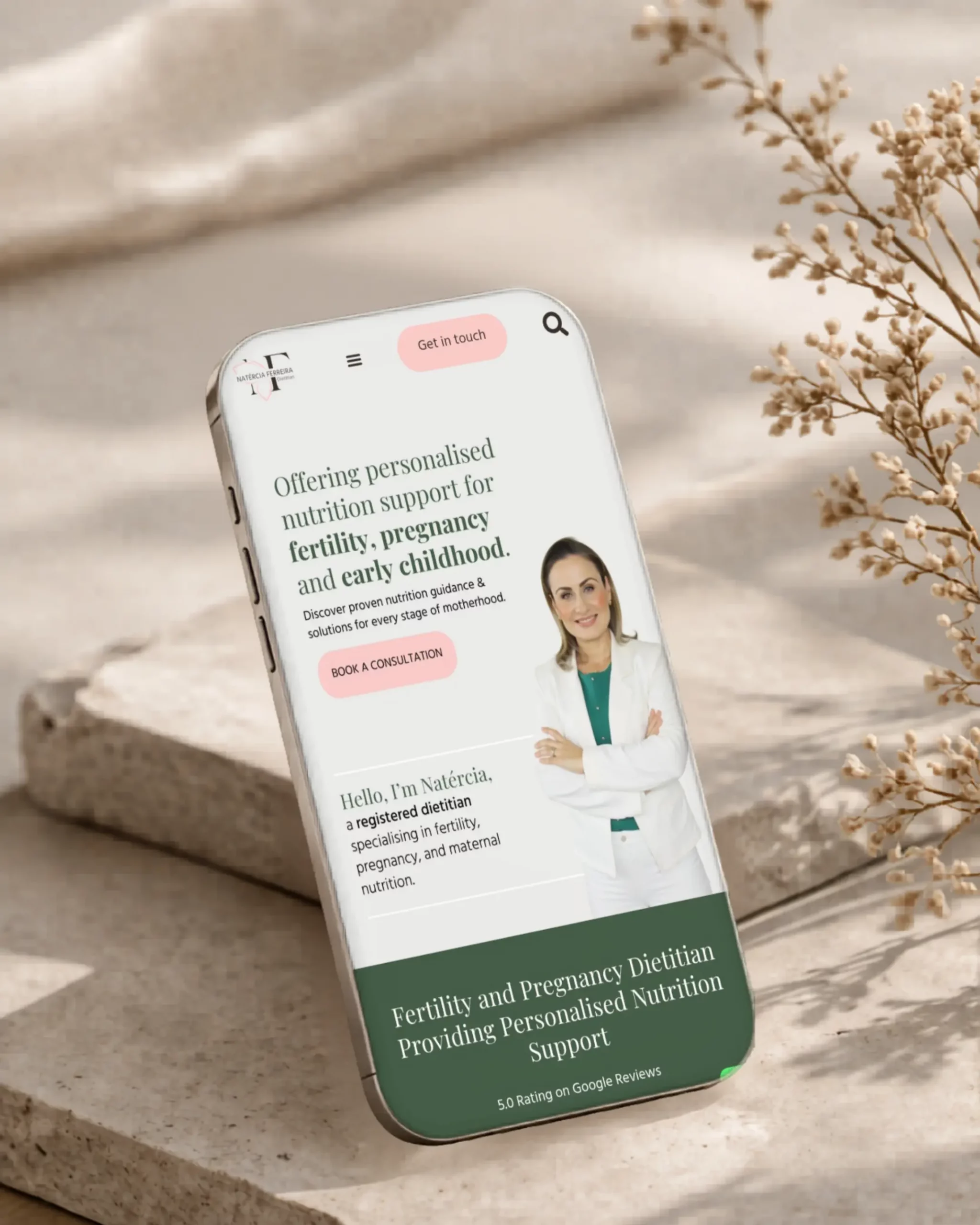 Mobile website mockup for fertility and pregnancy dietitian Natercia Nutrition UK