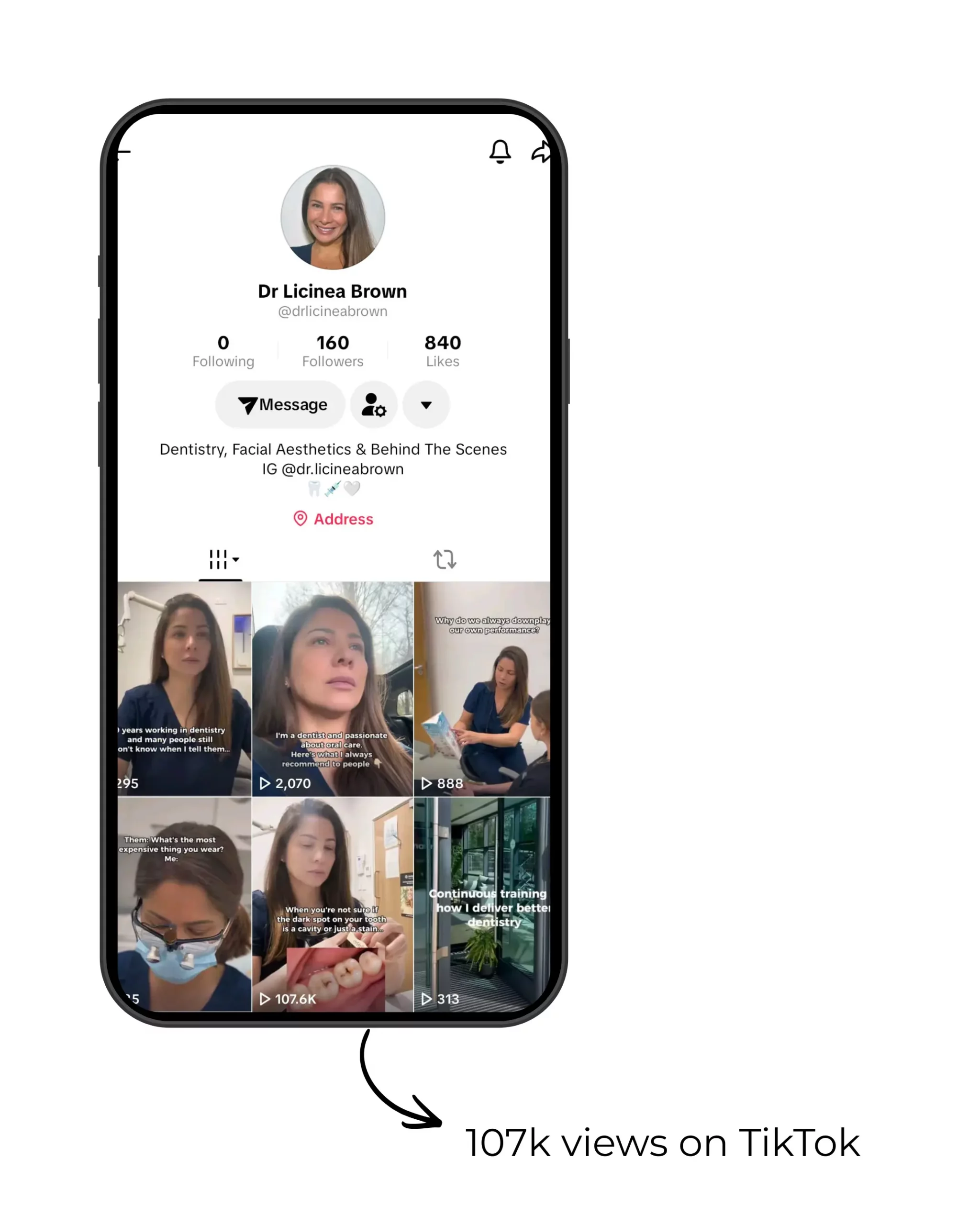 TikTok feed for Dr Licínea Brown featuring a viral dental video with over 100k views
